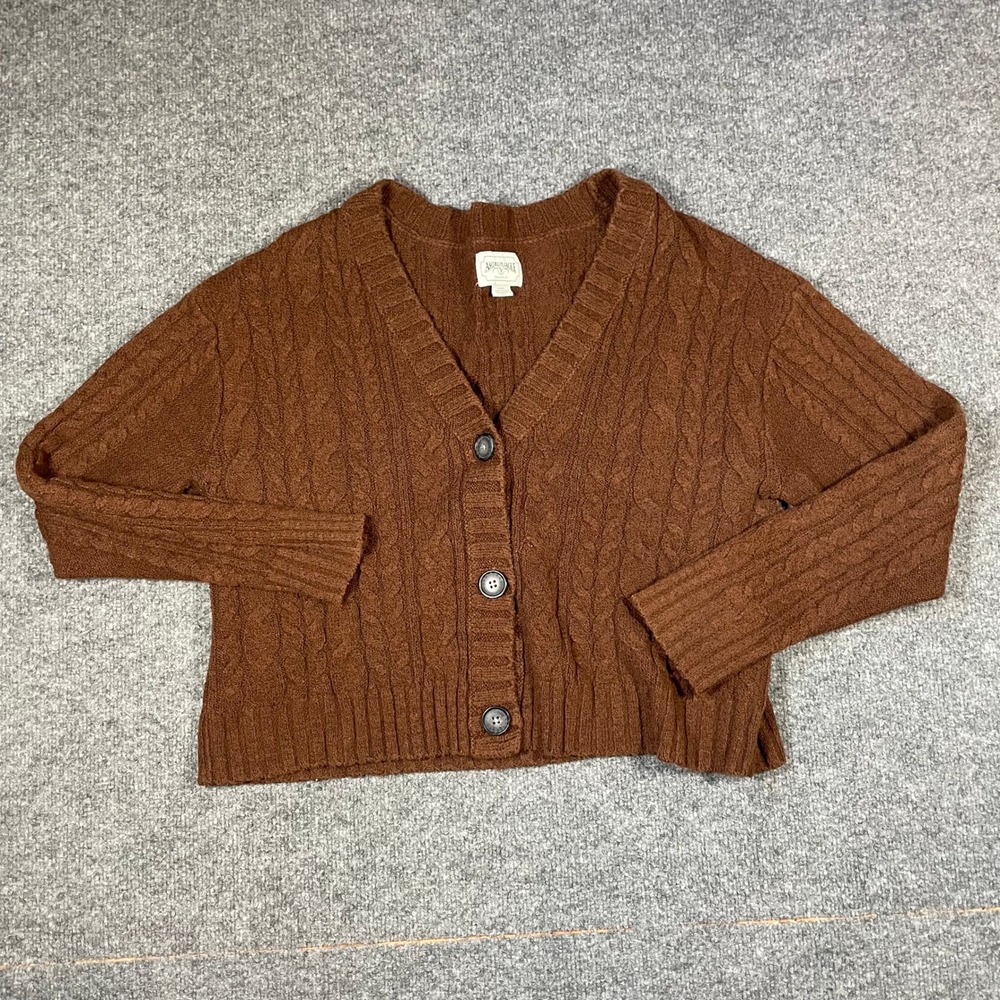 American Eagle Cardigan Womens L Brown Cable Knit Cropped Cotton Blend Sweater
